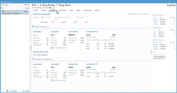 Acctivate's Product List window > Inventory tab with stock level info in each warehouse