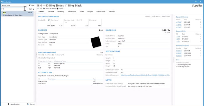 Product List window in Acctivate displaying product information, including product specs, product type, product class, and more