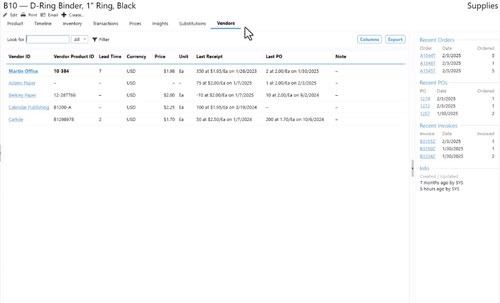 Acctivate's Product List window on the Vendors tab displaying vendor lead times and more