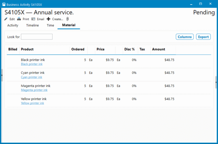 Service Management Material Tracking with Acctivate's Business Activities Business Activity List - Material Tab