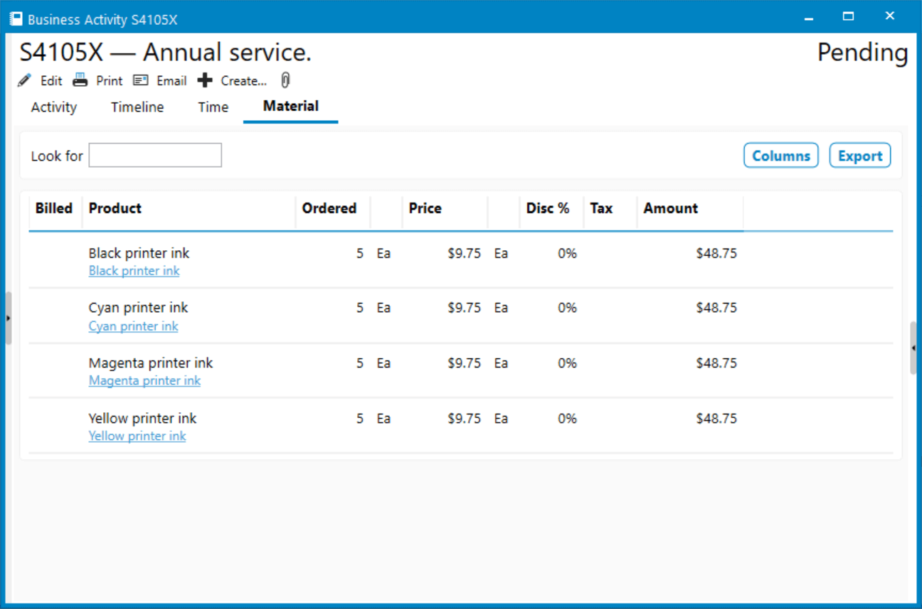 Business Activity List - Material Tab
