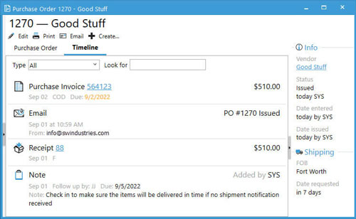 Purchasing List window > Timeline Tab Purchasing List window of Acctivate that shows all transaction history in the timeline tab