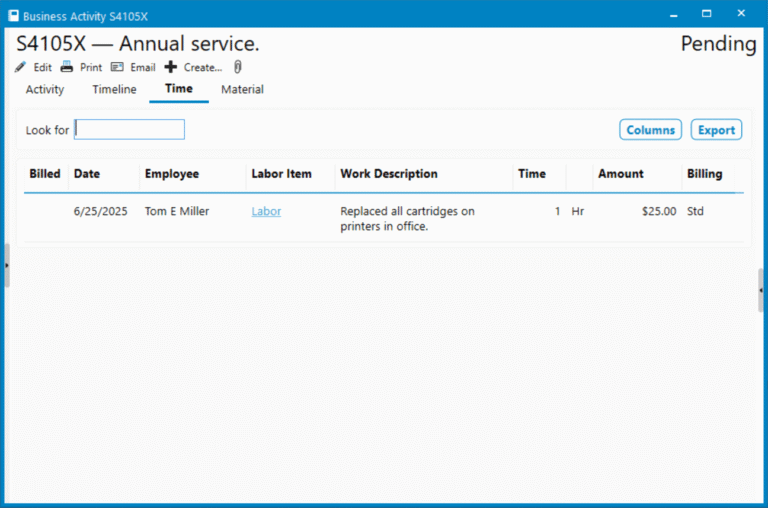 Service Management Time Tracking with Acctivate's Business Activities Business Activity List - Time Tab