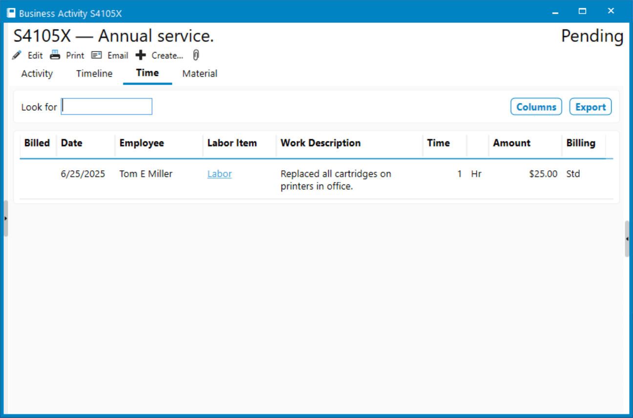 Business Activity List - Time Tab