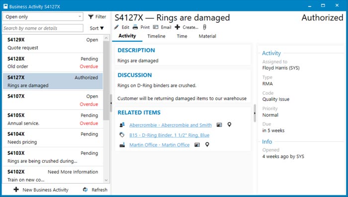 Business activities list in Acctivate Business activities list in Acctivate showing it used for an RMA