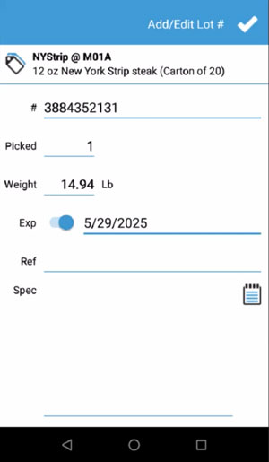 Mobile picking and picking product Mobile picking screen of Acctivate with Product info