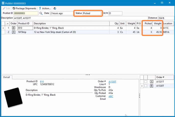 Mobile picking displaying on picklist in Acctivate Inventory Software Picklist window in Acctivate showing picked orders via Mobile Picking