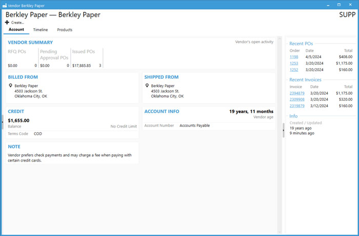 w in Acctivate for purchasing management Acctivate Vendor List window