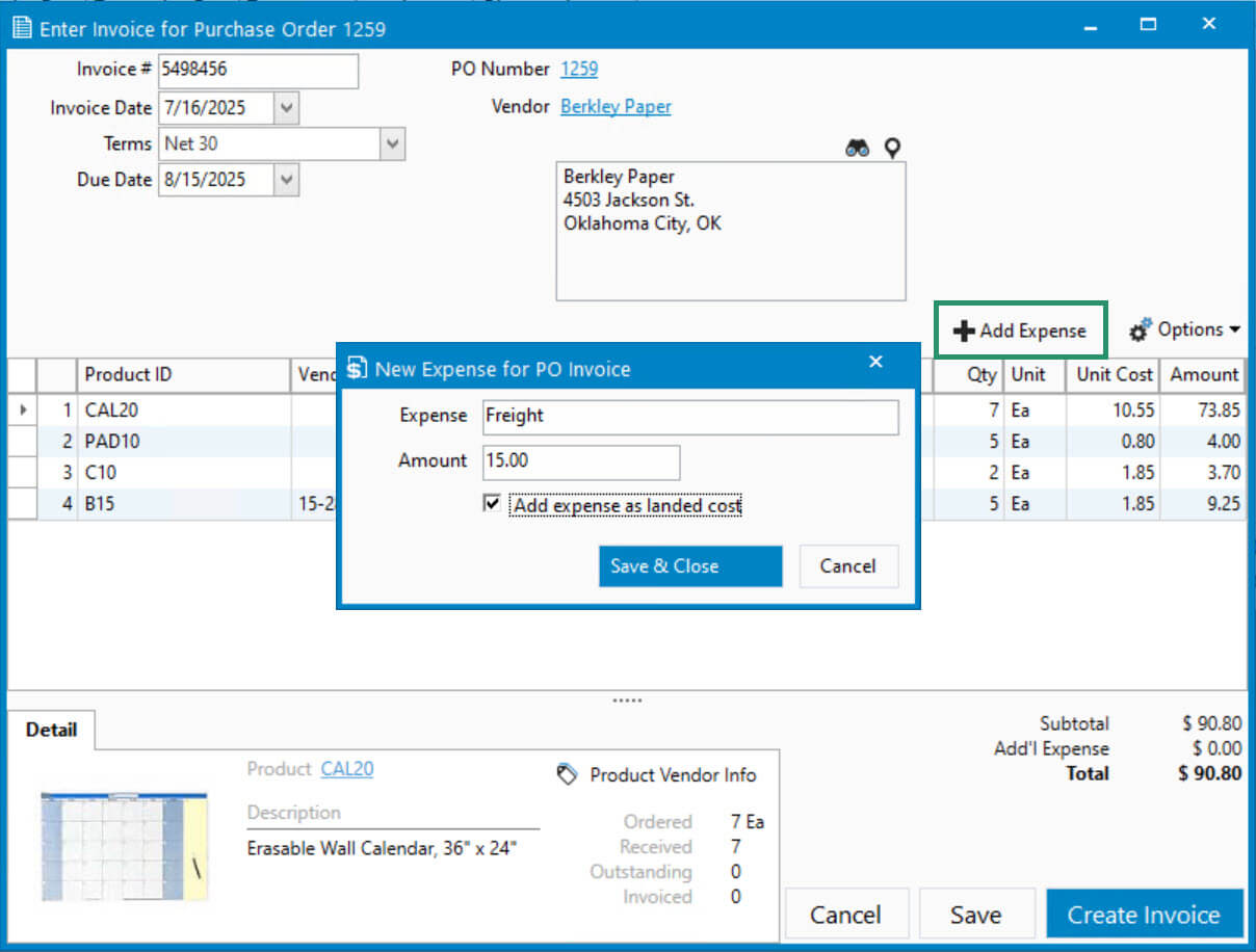 Checking landed cost box on PO invoice
