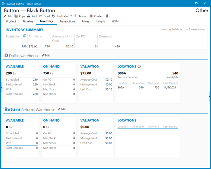 Credit memos and adding a returns warehouse to a product return Acctivate Product Window with returns warehouse added
