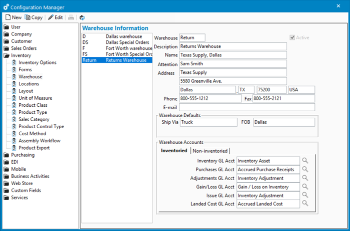 Credit memos and receiving returns into a returns warehouse Acctivate Configuration Manager for setting up a returns warehouse