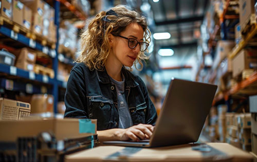 Person on laptop in warehouse representing cycle counts performed in Acctivate Inventory Software