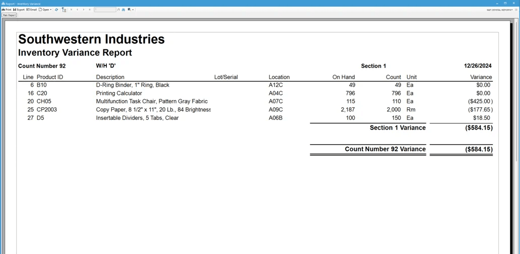 Inventory Count Variance Report generated with Acctivate