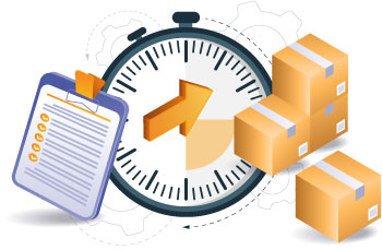 Stop watch in the center of a clip board with a PO and boxes for receiving purchased inventory to represent lead-time management