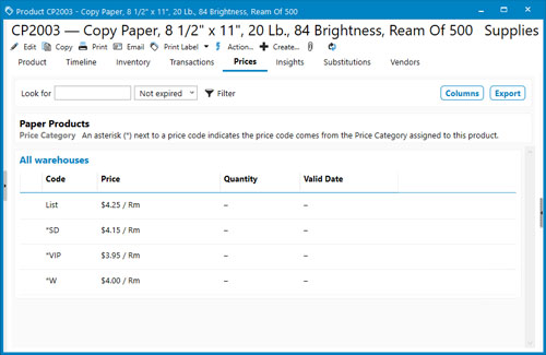 A paper product set with a specific price category in Acctivate
